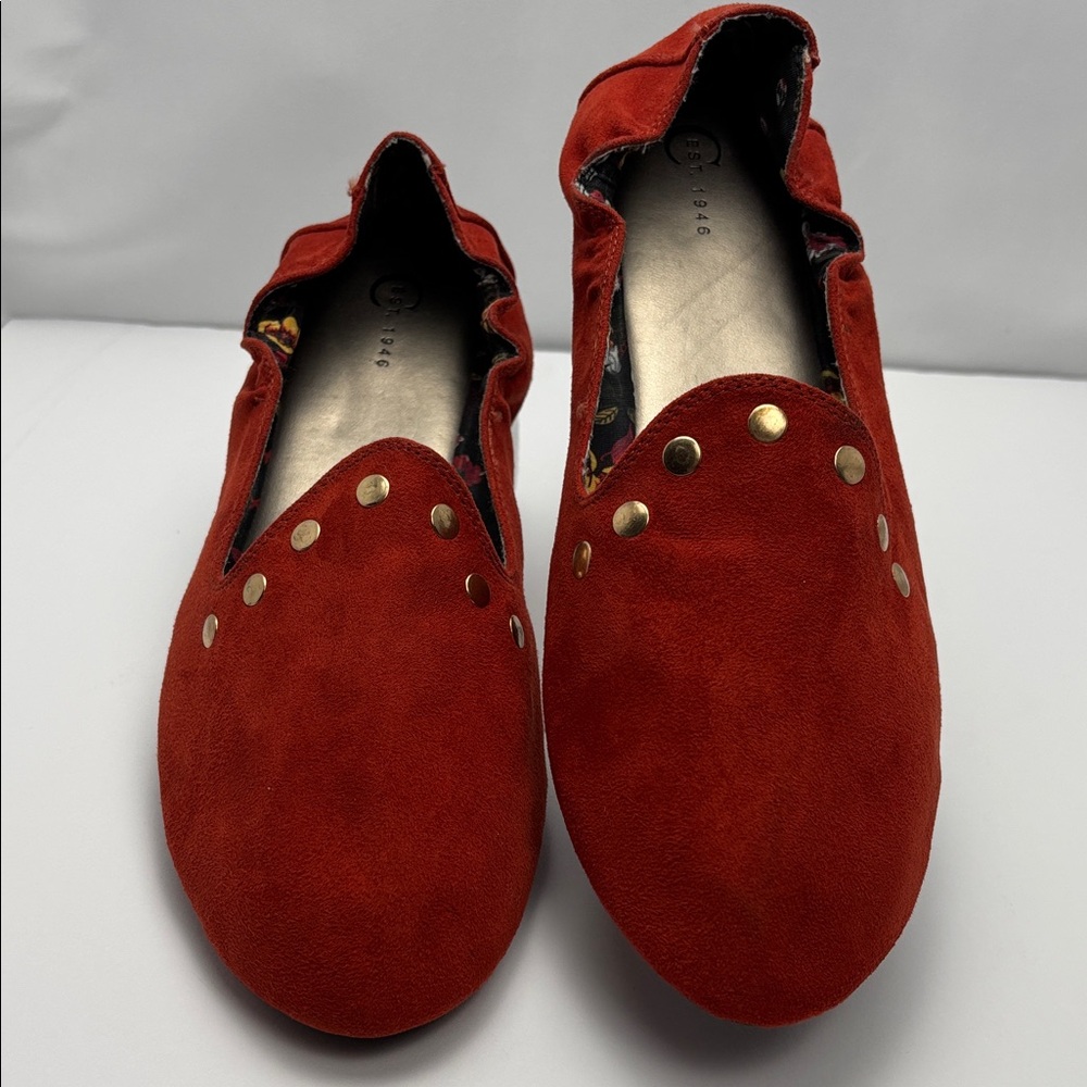Unique Red Suede Women’s Ballerina Flats Floral Inner W/Gold Accents Sz10 #0256